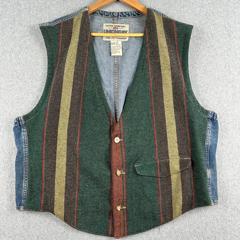 Unionbay Vest Mens XL Green Striped Wool Blend Denim Back Vintage 90s Boho Gorp